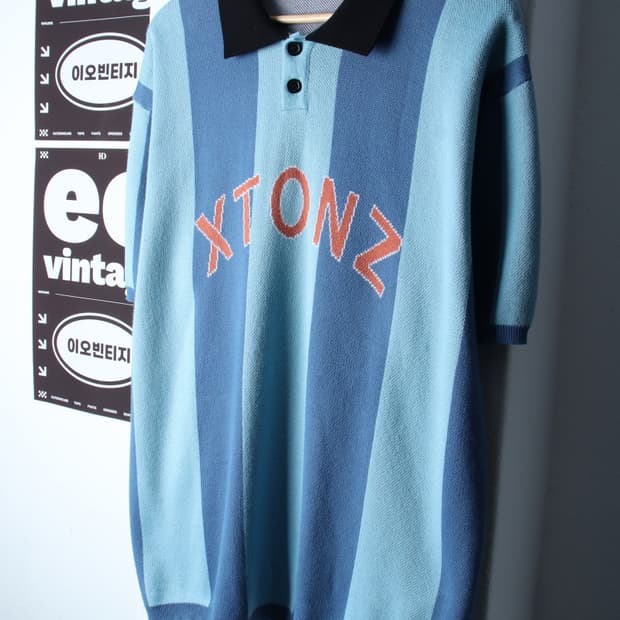 (M-XL) 엑스톤즈 반팔 카라 티셔츠 니트 스트라이프-H32510