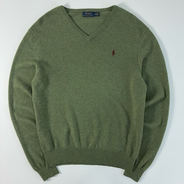 Polo  폴로 랄프로렌 자수 울 카키 브이넥 니트 