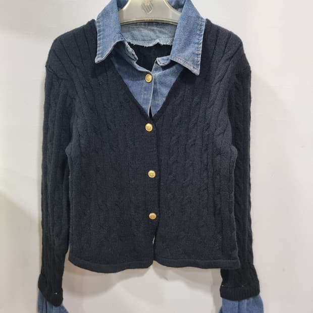 GGPX 데님 배색 케이블 니트 가디건 (D41