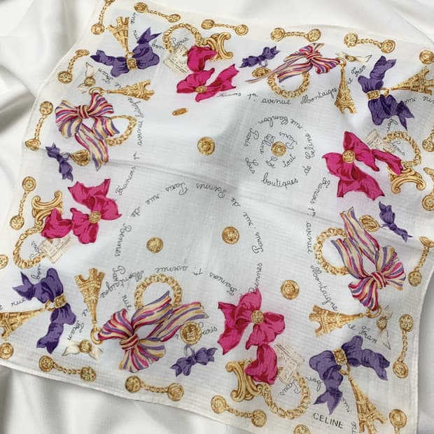 [정품] Celine 셀린느 리본 패턴 빈티지 쁘띠스카프 손수건
