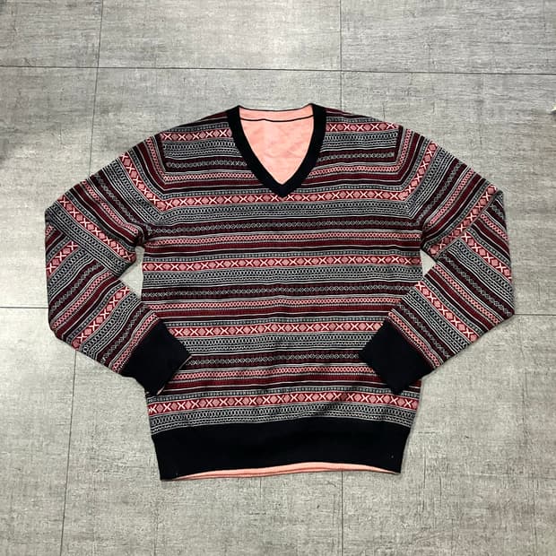 일본빈티지 올드스쿨아메카지 스트라이프 브이넥 니트스웨터