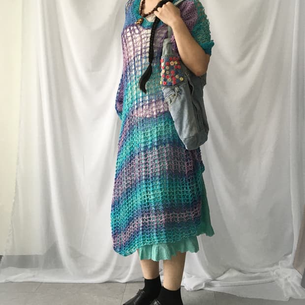 Stripe color point net loose fit onepiec