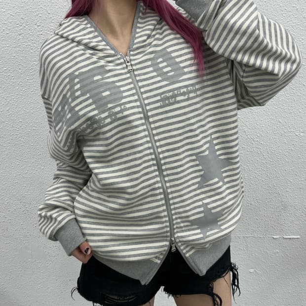 단델 연그레이 스트라이프 후드집업