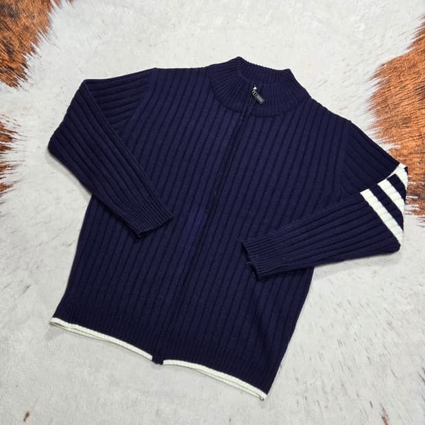 네이비 화이트 투라인 니트 집업