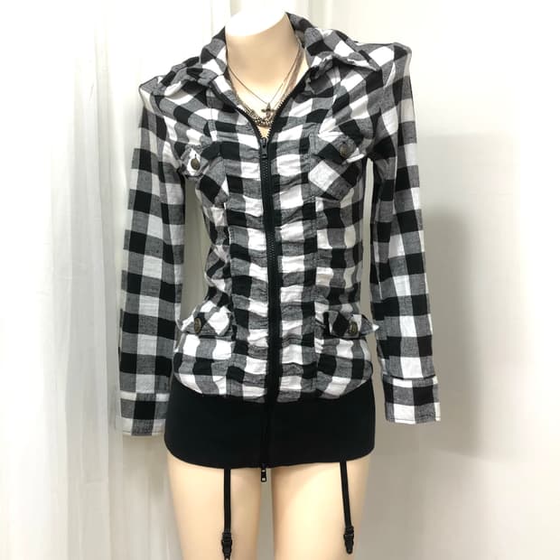 black check front shirring 2way zip up