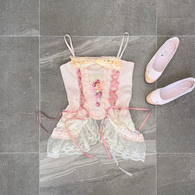 Baby pink dot flower corsage laceup 코르셋