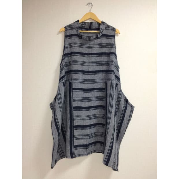 빈티지 그레이 블루 스트라이프 하이넥 원피스