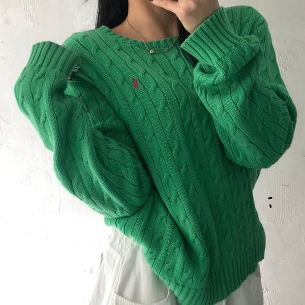 Polo 랄프로렌 우먼 그린컬러 코튼 케이블 니트