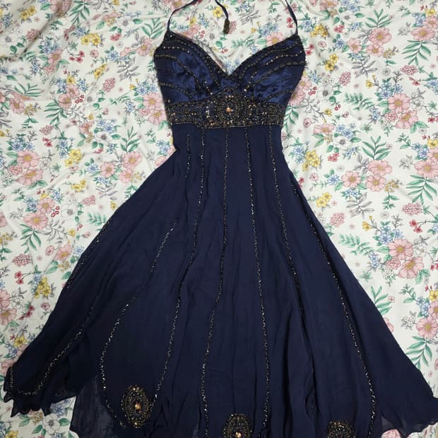 일본빈티지)고전 레트로 오리엔탈 비즈홀터넥 네이비드레스 대회댄스연주회파티