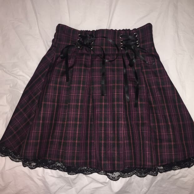 체크 레이스 리본 스커트