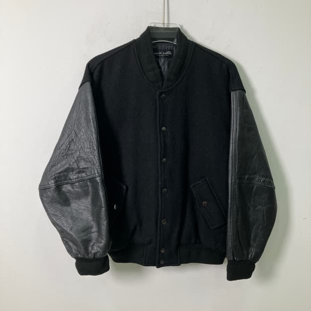 VTG 빈티지 블랙 울 레더 바시티 자켓 