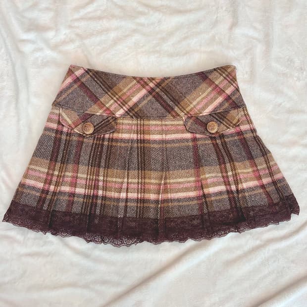 대대장 리즈리사 체크 플리츠 딸기초코 울 레이스 스커트