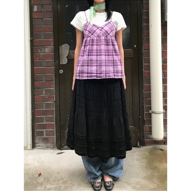 일본빈티지 핑크 체크 슬리브리스
