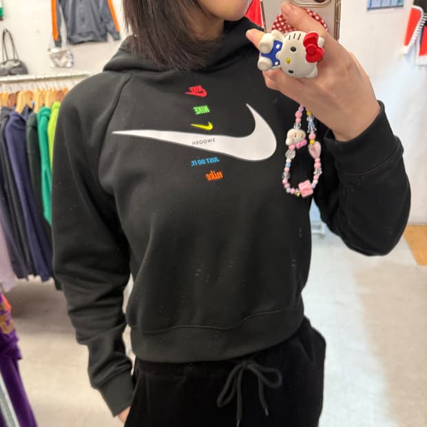 나이키 멀티 로고 스우시 크롭 후드티 S