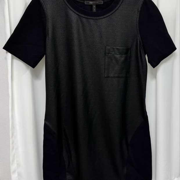 BCBGMAXAZRIA 블랙 레더 배색 반팔원피스 M
