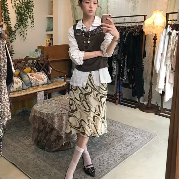 빈티지 초코 브라운 그런지 쉬어 스커트 어른여성 코디 세트