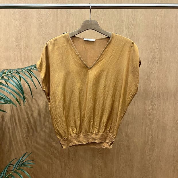 막스마라 블라우스 브이넥 지퍼 숄더 리브드 헴 디테일 가오리핏 브라운