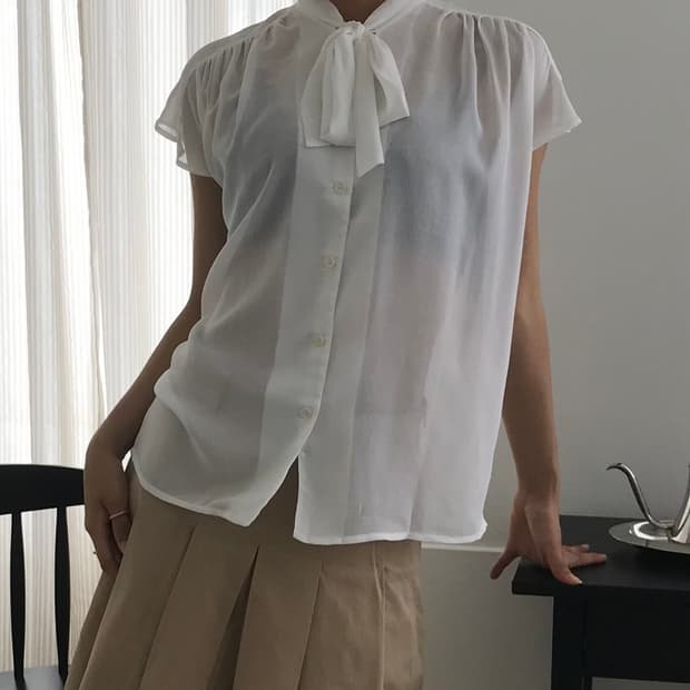 Ribbon tie sheer blouse