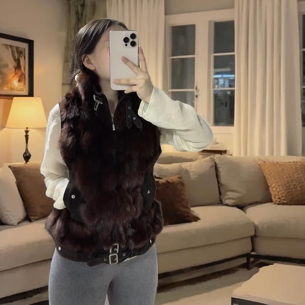 빈티지 커피브라운 여우털 폭스퍼 되지가죽 베스트