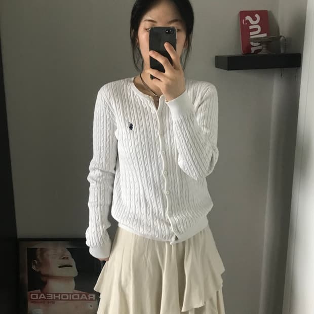 폴로 랄프로렌 포니 로고 화이트 케이블 니트 가디건