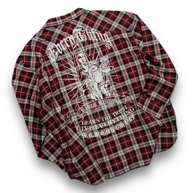 펑크 C.D.S 성모 마리아 엔젤 자수 체크 오버핏 셔츠