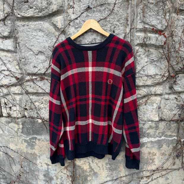 타미힐피거 빈티지 헤비 코튼 자수 로고 체크 패턴 니트 xl