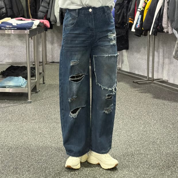 빈티지 패치워크 데미지 데님 팬츠 B4092