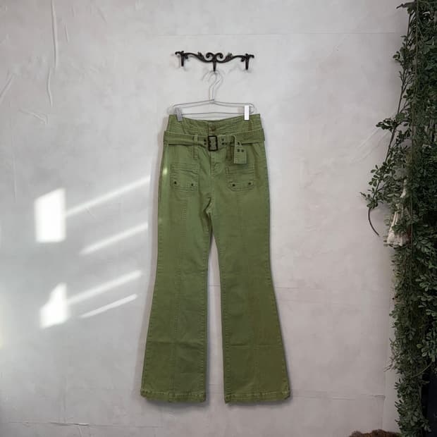 Green high waist belted bootscut pants