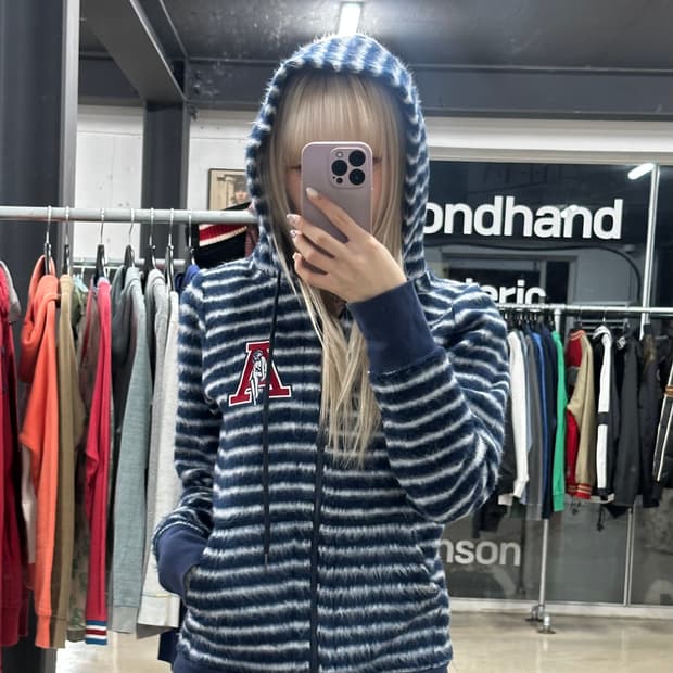 히스테릭 글래머 모헤어 스트라이프 후드 집업