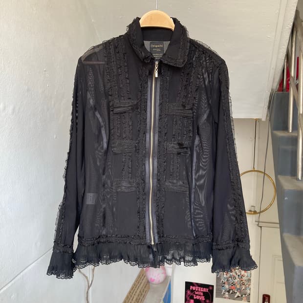 블랙 시스루 레이스 집업 블라우스