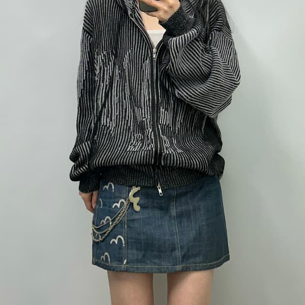 트릴리온 블랙 골지 니트 후드집업