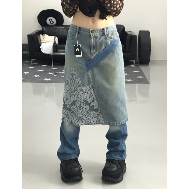 Vintage Denim lace details Midi Skirts