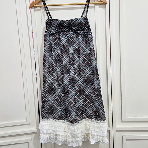 체크 리본 레이스 캐미 원피스