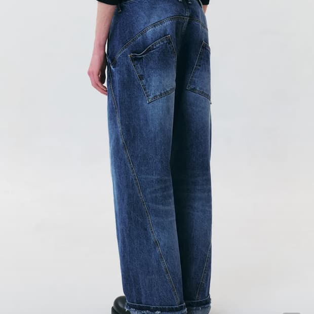 윈더 SLANTED RAW TURN-UP JEANS Deep Blue