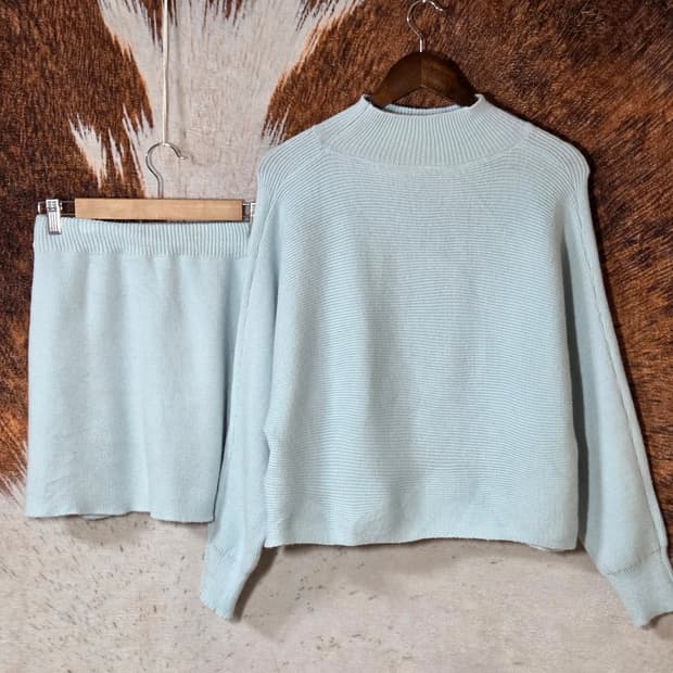 스카이블루 반폴라 니트 스커트 셋업
