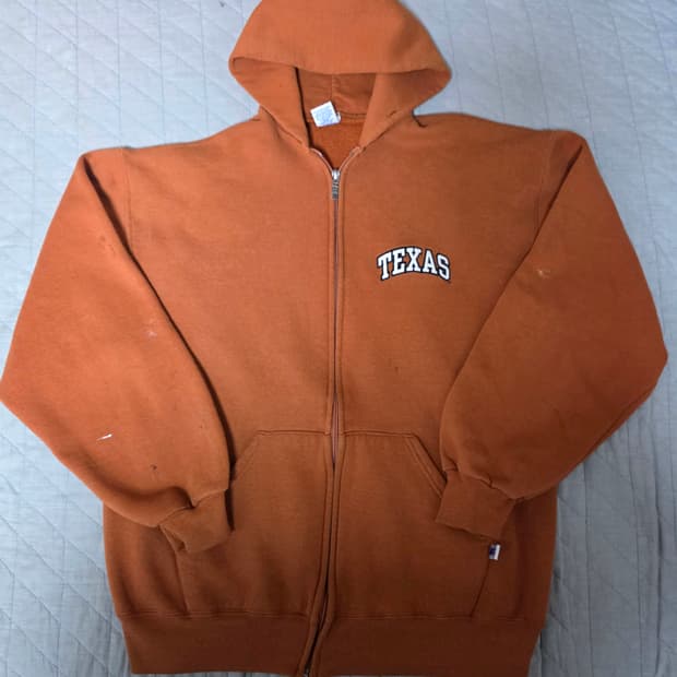 [L] 90s 러셀 애슬레틱 텍사스 후드집업 오렌지 페인팅