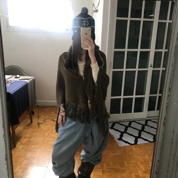 vintage brown fur tassle cape