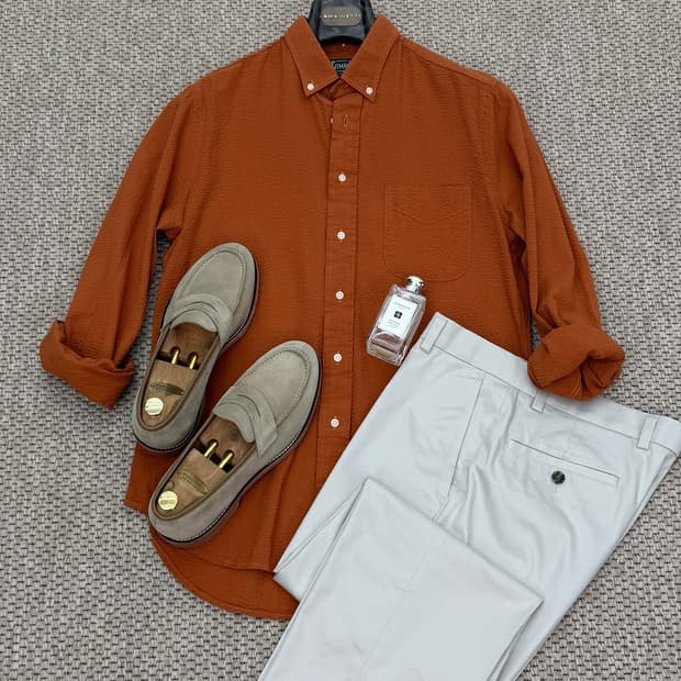 깃먼 브로스 빈티지 러스트 무지 시어서커 버튼다운