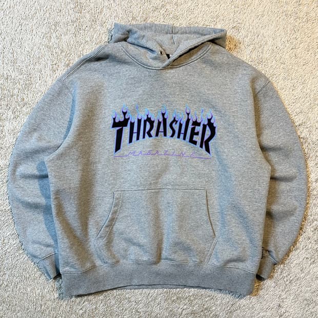 트레셔 THRASHER 플레임 로고 후드티 그레이