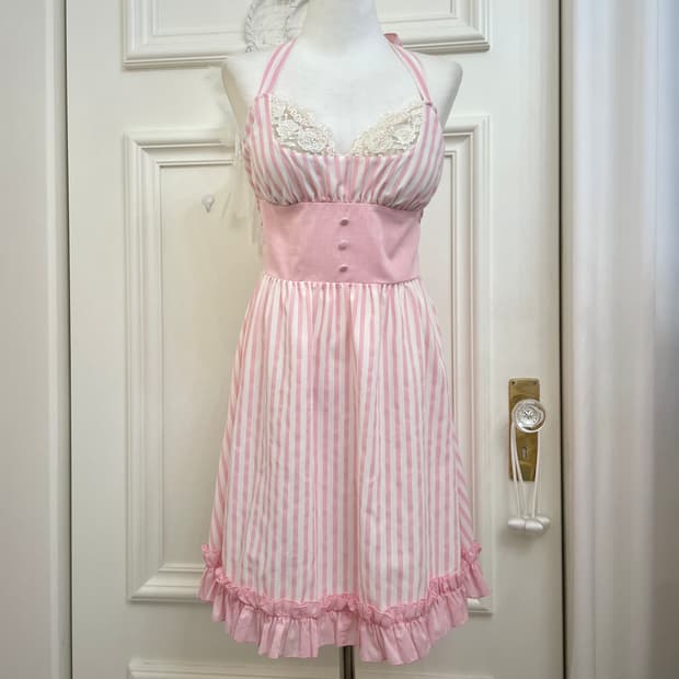 pink white stripe lace bow cotton halter