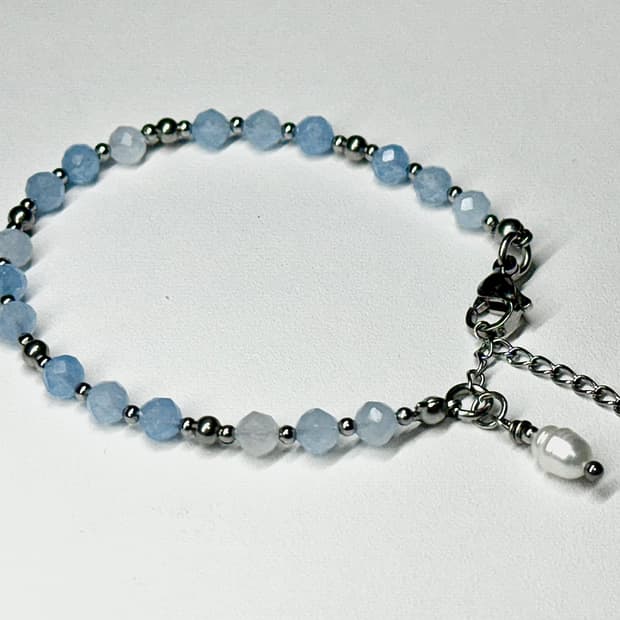 (핸드메이드) 천연석 아쿠아마린 담수진주 원석팔찌