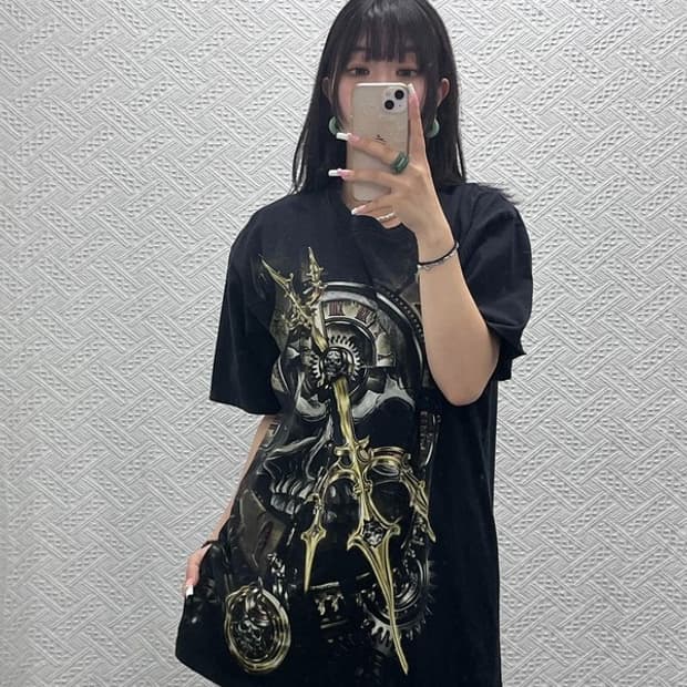 락창 빈티지 스트릿 락펑크 고딕 스컬 프린팅 반팔티 XL C13773
