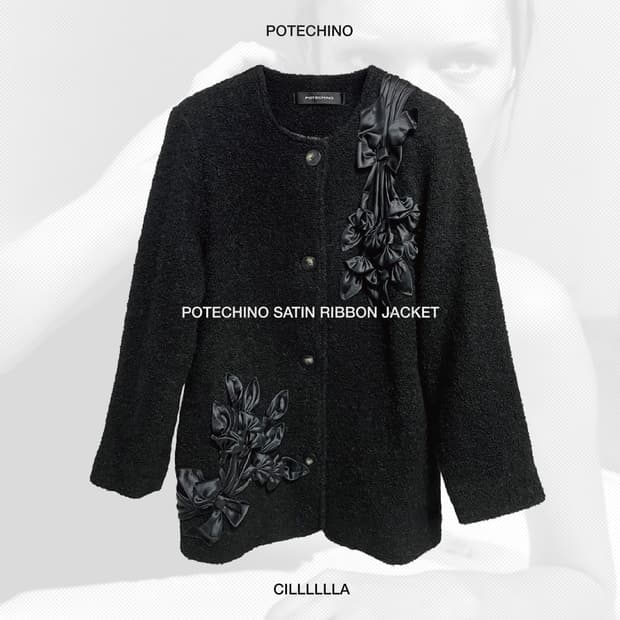 POTECHINO 사틴 리본 울 트위드 자켓