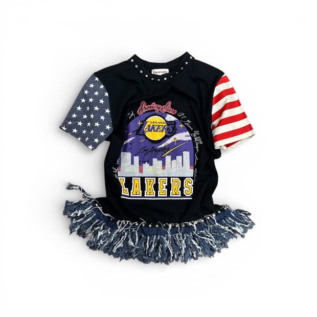 Denim Fringe American Flag T Shirt