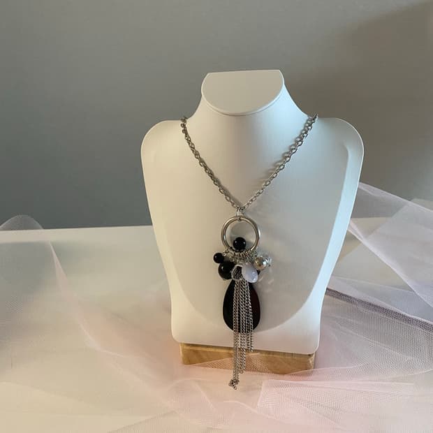 실버 롱체인 드롭 팬던트 네크리스 (반길이 31cm / 팬던트 11cm)