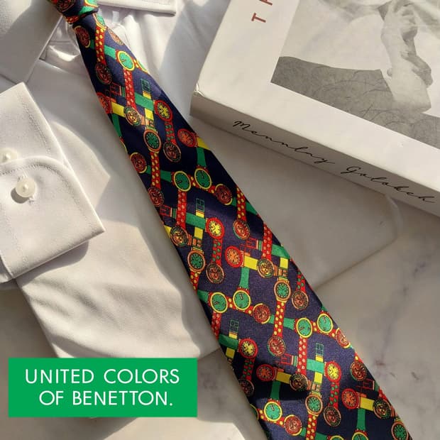 베네통 실크 네이비 워치 모티브 넥타이 9.3cm A+등급 K5149