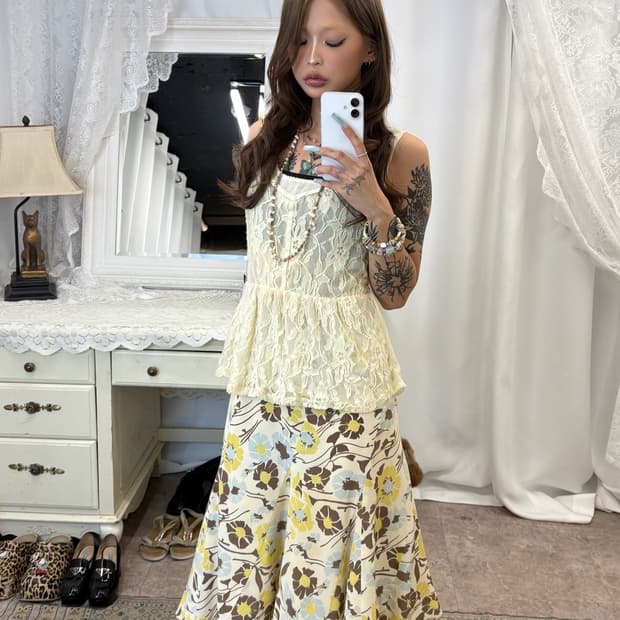 yellow oriental flower pattern skirt