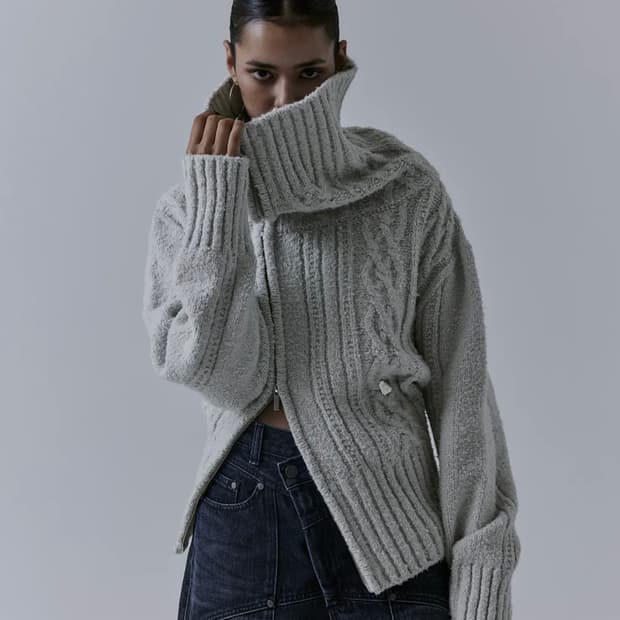 트리밍버드 투웨이 언발란스 오프숄더 니트 집업 (그레이)