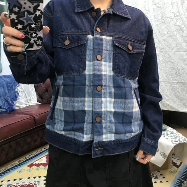 여성 빈티지 투포켓 체크 데님 트러커 청자켓 