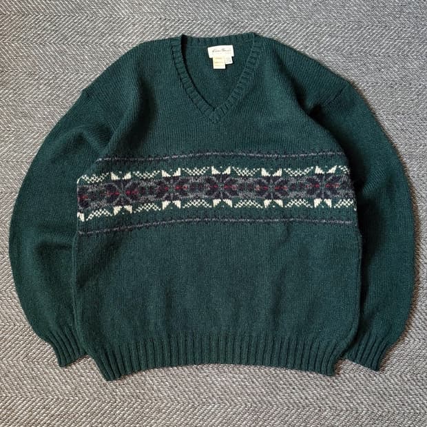 90s USA 에디바우어 브이넥 페어아일 울 스웨터